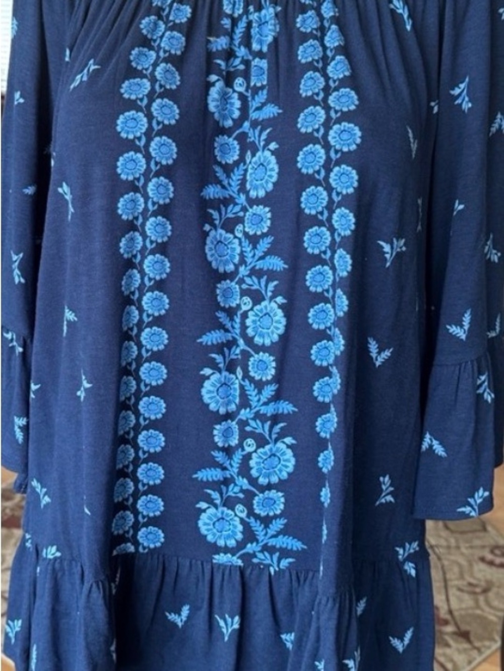 Women's Blue Summer Top Embroidered Look Peasant Final Sale - Picture 2 of 3